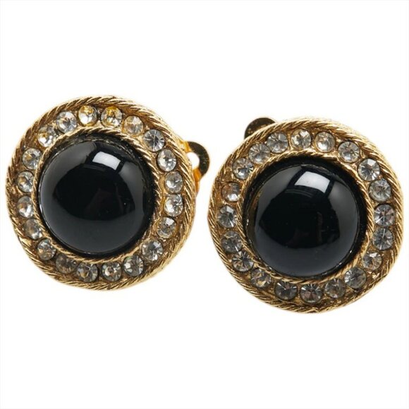 CHANEL Black Gripoix Rhinestone Round Clip-On Earrings Gold Tone Auth #7953 - Picture 1 of 5
